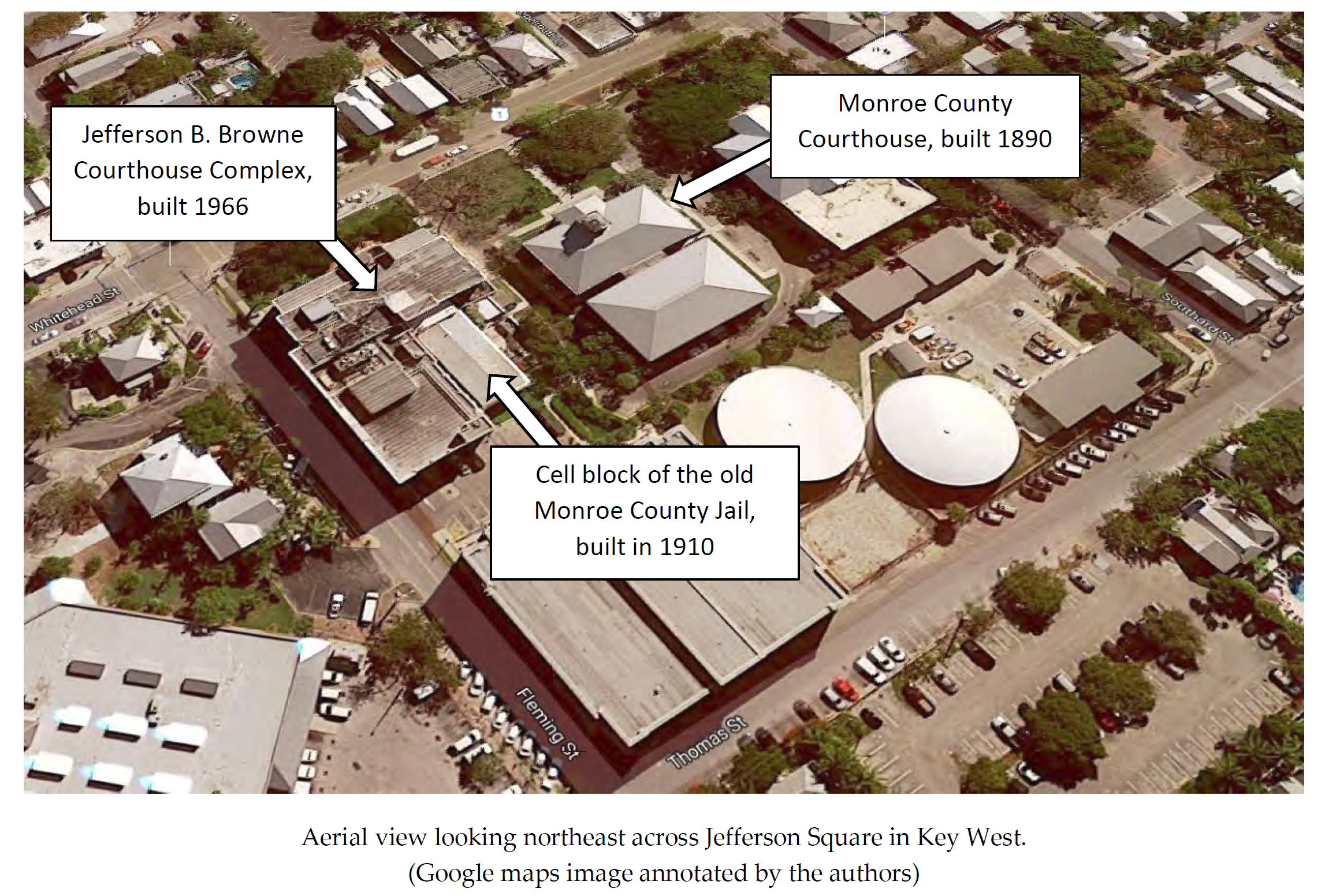 Aerial view of the Key West Courthouse and Key West Jail