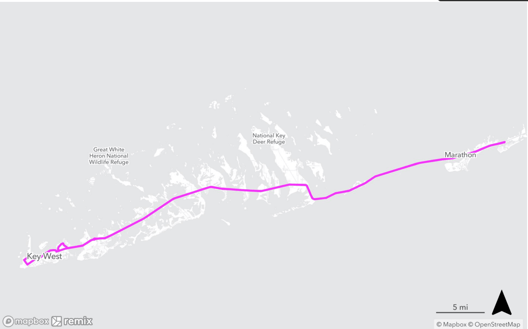 Lower Keys Shuttle Map of the Florida Keys with line from Key West to Marathon
